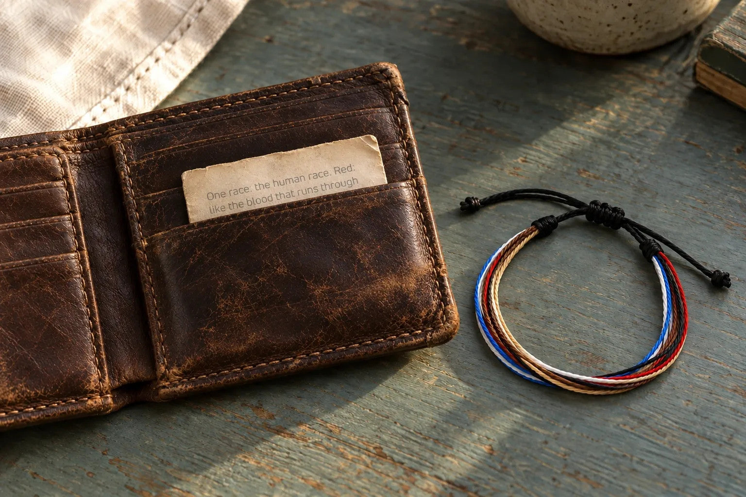 A deeply worn chestnut wallet with a small square of aged message paper tucked into its pocket, only a few faded words visible, beside a Pangea bracelet.